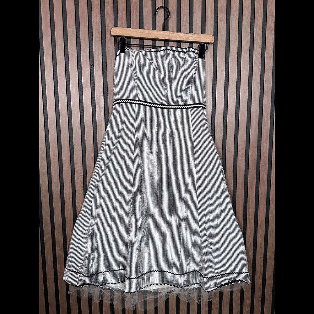 Y2K Rachelle Dress 8 / M Womens Gray Striped Strapless A Line Midi Tulle Trim